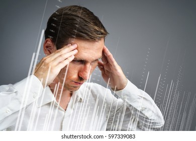 Finance data concept. Man working with Analytics. Chart graph information on digital screen.