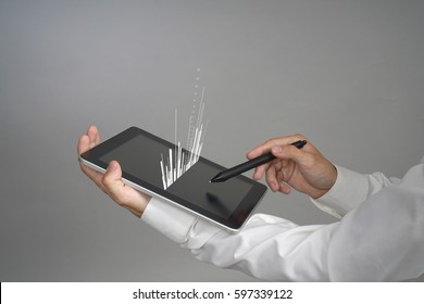 Finance data concept. Man working with Analytics. Chart graph information on digital screen.