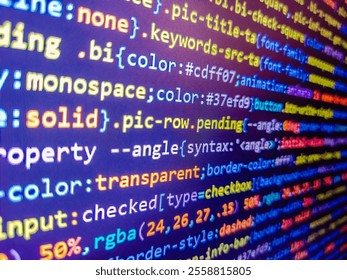 Finance and economic graphs. Software developer programming code. Code on monitor. Encrypted data. Web dewelopment. Colorful digital technology modern background. Software source code. Blue php.