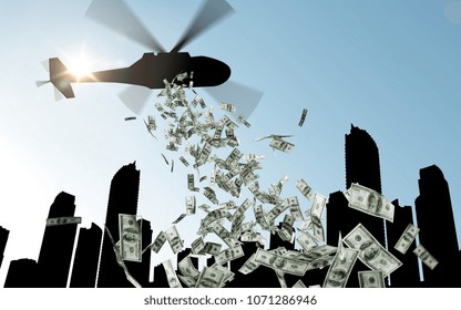 finance, economy and monetary policy concept - helicopter in sky dropping money over city - Shutterstock ID 1071286946