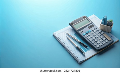 Finance equipment like calculator, pen, book and money with blue blank space. Accountant equipment background for business background