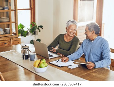 Finance, laptop and happy senior couple with bills, paperwork and documents for life insurance. Retirement, pension and elderly man and woman on computer for mortgage payment, investment and budget - Powered by Shutterstock