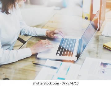 Finance Manager Working New Startup Project Modern Office.Contemporary Laptop Wood Table, Girl Texting Message. Analyze Statistics,plans Table.Horizontal, Film Effect. Blurred 