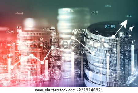 Finance and money technology background concept of business prosperity and asset management . Creative graphic show economy and financial growth by investment in valuable asset to gain wealth profit .