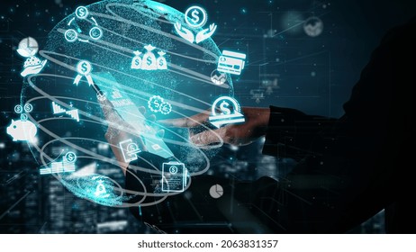 Finance and Money Transaction Technology conceptual . Icon Graphic interface showing fintech trade exchange, profit statistics analysis and market analyst service in modern computer application. - Powered by Shutterstock