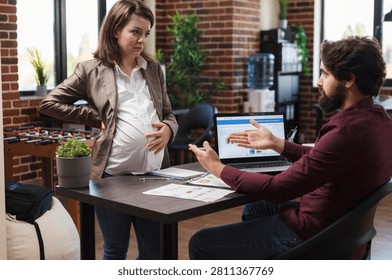 Finance office workers discuss ineffective startup project ideas, with paperwork and business documents supporting a workplace planning scene.