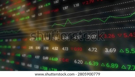 Finance panel updating from live feed tracking market moves via moving line and arrows. Ticker, digital, chart, uptrend, neon, bokeh, reflections