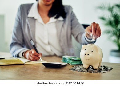 Finance, Planning And Saving With Budget Tracking, Counting Personal Finances And Family Money Management. Woman Calculating Cash And Coins In Piggy Bank For Future Bills, Retirement Or Holiday