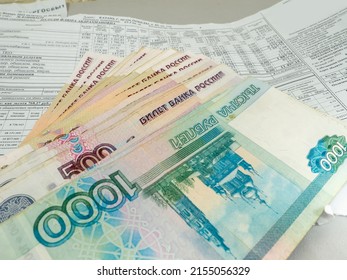 Finance. Russian Money. Money On A Pay Stub. Payment Of Utility Services
