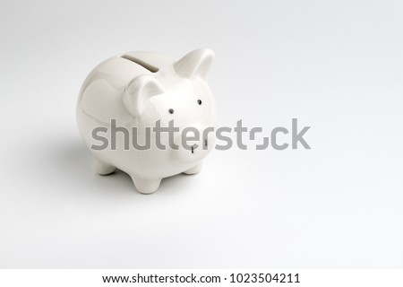 Finance, saving money, white piggy bank on seamless white background.