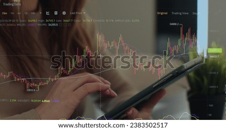 Finance stock exchange index trading graph chart global market. Digital tablet screen with stock charts and data analysis. Concept of bitcoin or crypto trading.