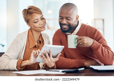 Finance, Tablet And Black Couple Doing Online Banking In Home To Check Bank Statement, Account And Payment. Budget, Accounting And Middle Aged Man And Woman With Documents, Paperwork And Digital Tech