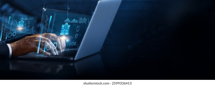 Finance Technology: Businessman using laptop and analyzing financial data information on futuristic virtual interface screen, blockchain, digital payments, AI algorithms, investment strategies. - Powered by Shutterstock - Get 15% off with code: PIKWIZARD15