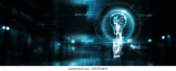 Finance Technology: Hands of businessman holding light bulb and finance technology icon with data network digital technology. Blockchain, analytics, security, innovation.