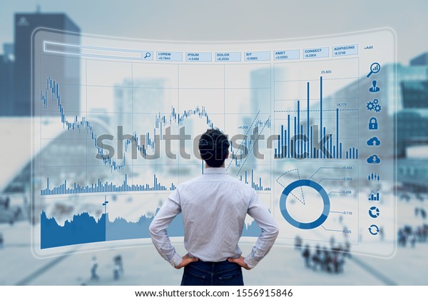 Finance trade manager analysing stock market\
indicators for best investment strategy, financial data and charts\
with business buildings in\
background