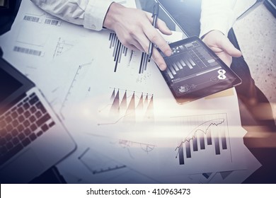 Finance Working Process.Double Exposure Photo Woman Showing Business Reports Modern Tablet,diagram Screen.Banker Manager Holding Pen For Signs Document, Discussion Startup Idea.Horizontal. Film Effect