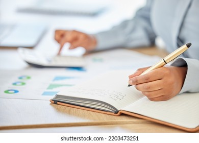 Finance, writing and notebook with employee with accounting, planning and documents of chart analytics. Accounting, budget and investment with business woman working with calculator, audit and growth