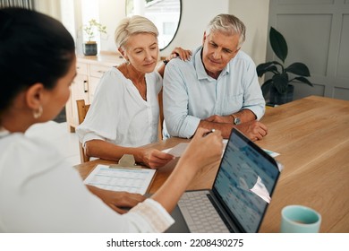 Financial Advisor Consultation With Clients On Retirement, Finance Planning Or Investment And Document On Laptop Screen. Accountant Woman, Senior People And Pension Advice, Asset Management Or Budget