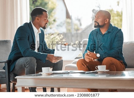 Financial advisor, document and man in a house with a client for meeting or consultation for advice. Professional broker with a male person to explain investment, savings plan or budget and insurance
