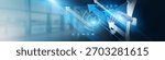 Financial advisor using tablet analyzing portfolio performance and wealth growth. Risk management, asset allocation, market trends, return analysis, and strategic planning.