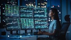 Financial Analyst Working On A Computer With Multi-Monitor Workstation With Real-Time Stocks, Commodities And Exchange Market Charts. Businesswoman At Work In Investment Broker Agency Office At Night.
