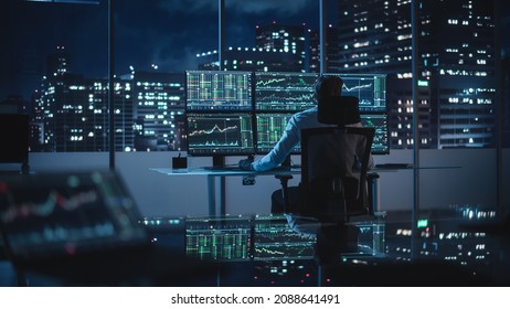 Financial Analyst Working on Computer with Multi-Monitor Workstation with Real-Time Stocks, Commodities and Exchange Market Charts. Businessman Deliberating on Next Investment Trade in a Bank Office.