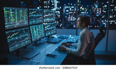 Financial Analyst Working on a Computer with Multi-Monitor Workstation with Real-Time Stocks, Commodities and Foreign Exchange Charts. Businessman Works in Investment Bank City Office Late Evening. - Powered by Shutterstock