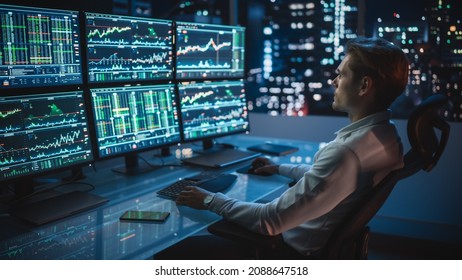 Financial Analyst Working on a Computer with Multi-Monitor Workstation with Real-Time Stocks, Commodities and Foreign Exchange Charts. Businessman Works in Investment Bank City Office Late Evening. - Powered by Shutterstock