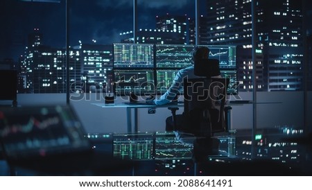 Financial Analyst Working on Computer with Multi-Monitor Workstation with Real-Time Stocks, Commodities and Exchange Market Charts. Businessman Deliberating on Next Investment Trade in a Bank Office.