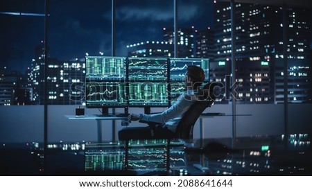 Financial Analyst Working on Computer with Multi-Monitor Workstation with Real-Time Stocks, Commodities and Exchange Market Charts. Mastermind Businessman Deliberating on Next Investment Trade.