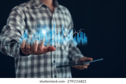 Financial analytics and business data visualization concept with digital stock chart, market performance indicators and investment growth technology for modern finance.