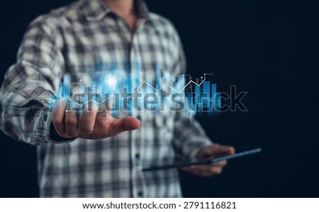 Financial analytics and business data visualization concept with digital stock chart, market performance indicators and investment growth technology for modern finance.