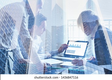 Financial Analytics, Business Team Working On Charts And Big Data On Screen Of Computer, Double Exposure