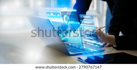 Financial analytics dashboard with business data visualization, investment charts and fintech performance metrics for corporate strategy, economic forecasting and stock market analysis.