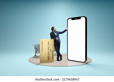 Financial app, online payment. Young man, businessman standing in front of 3d model of cellphone with blank white screen isolated on blue background. Online shopping, choice, ad, sales, - Shutterstock ID 2179658967