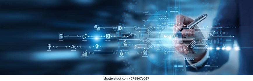 Financial auditor point of view using digital pen for Audit of corporate records. Systematically examining financial statements and compliance reports for transparency and tax accuracy.