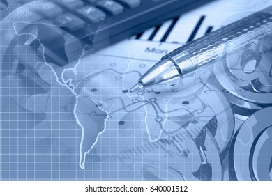 Financial Background In Blues With Map, Calculator, Graph And Pen.