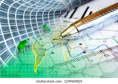 Financial background with map, globes, graph and pen.