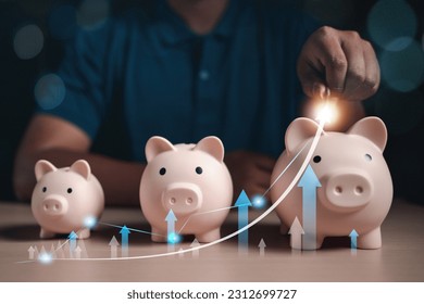 financial, banking, finance, investment, currency, profit, money, wealth, invest, investing. insert coin into piggy bank in front that's have line curved investment financial profit currency. invest. - Shutterstock ID 2312699727