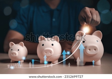 financial, banking, finance, investment, currency, profit, money, wealth, invest, investing. insert coin into piggy bank in front that's have line curved investment financial profit currency. invest. Foto d'archivio © 