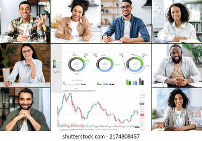 Financial Briefing, Brainstorming, Virtual Meeting Of Colleagues. Group Of Successful Multiracial Business Employees, Financial Experts, Discuss Financial Strategy, Analyze The Schedule,possible Risks