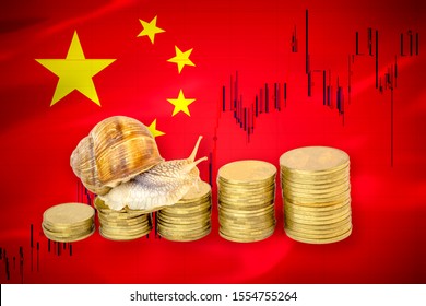 Financial Business Concept Of Snail Crawling On A Pile Of Coins In Front Of Stock Chart And A Flag Of China. Slow Economic Growth