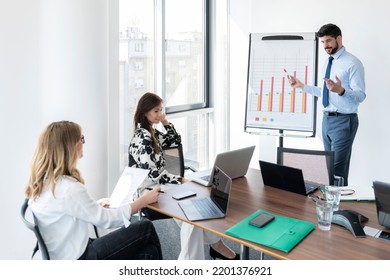 Financial businessman standing in front of a whiteboard and giving a presentation to two businesswomen.