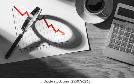 Financial chart with arrow going down showing negative trend and magnifier: financial crisis, debt and costs concept - Powered by Shutterstock - Get 15% off with code: PIKWIZARD15