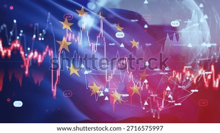 Financial chart with candlestick graph, forex and crypto data, and EU flag on abstract digital hologram background. Concept of European market trends