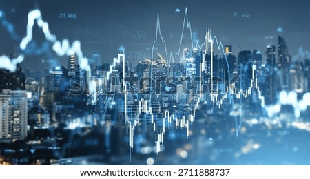 Financial chart and data graphics over cityscape at night, digital style, with skyscrapers in background. Concept of trading, forex, and stock market