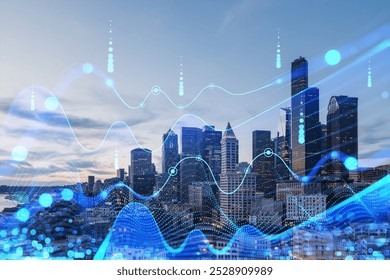 A financial chart displays market trends over a city skyline background during sunset, illustrating the concept of data visualization - Powered by Shutterstock