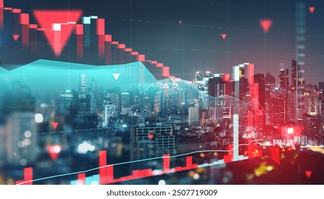 Financial chart with down arrows and bars over a cityscape background, representing a financial crisis and market fall