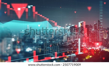 Financial chart with down arrows and bars over a cityscape background, representing a financial crisis and market fall