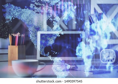 Financial chart drawing and table with computer on background. Double exposure. Concept of international markets.